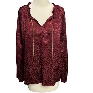 Michael Kors MMK Blouse Womens L Merlot Red Animal Print Jacquard Gold Chain Top